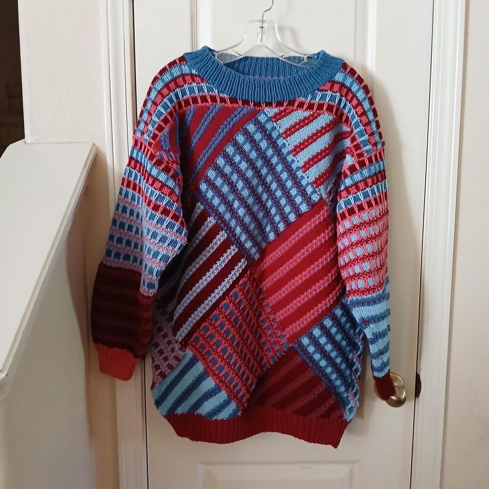 Unique Vintage Handmade Red & Blue Patchwork Knit Striped Sweater Eclectic Artsy